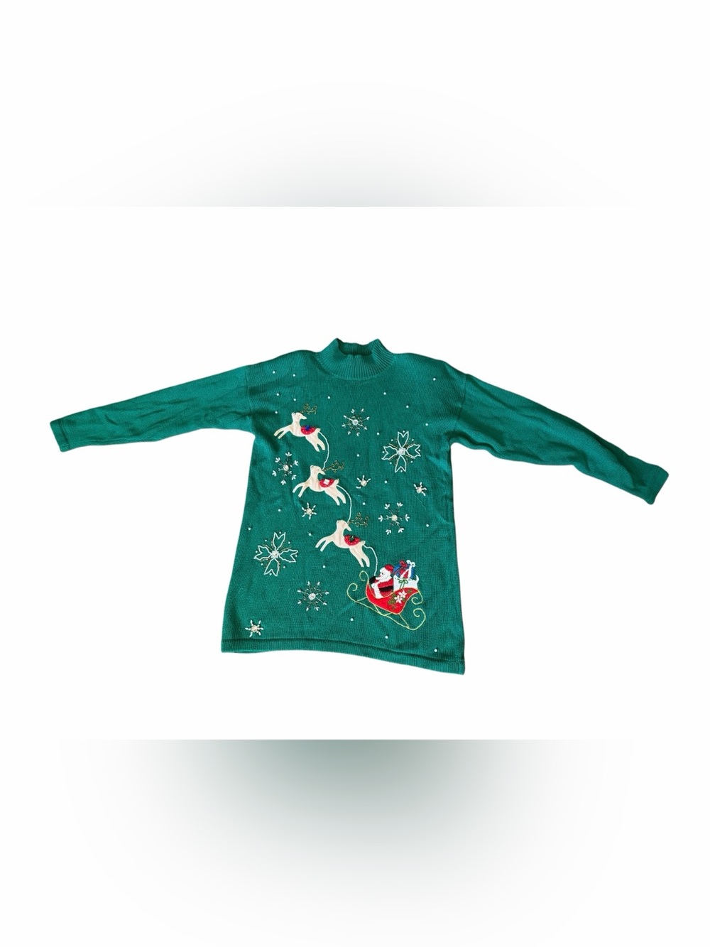 Green Holiday Turtleneck Sweater with Santa Sleigh Motif